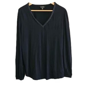 Lauren Ralph Lauren Dark Blue Beaded V-Neck Top – XL